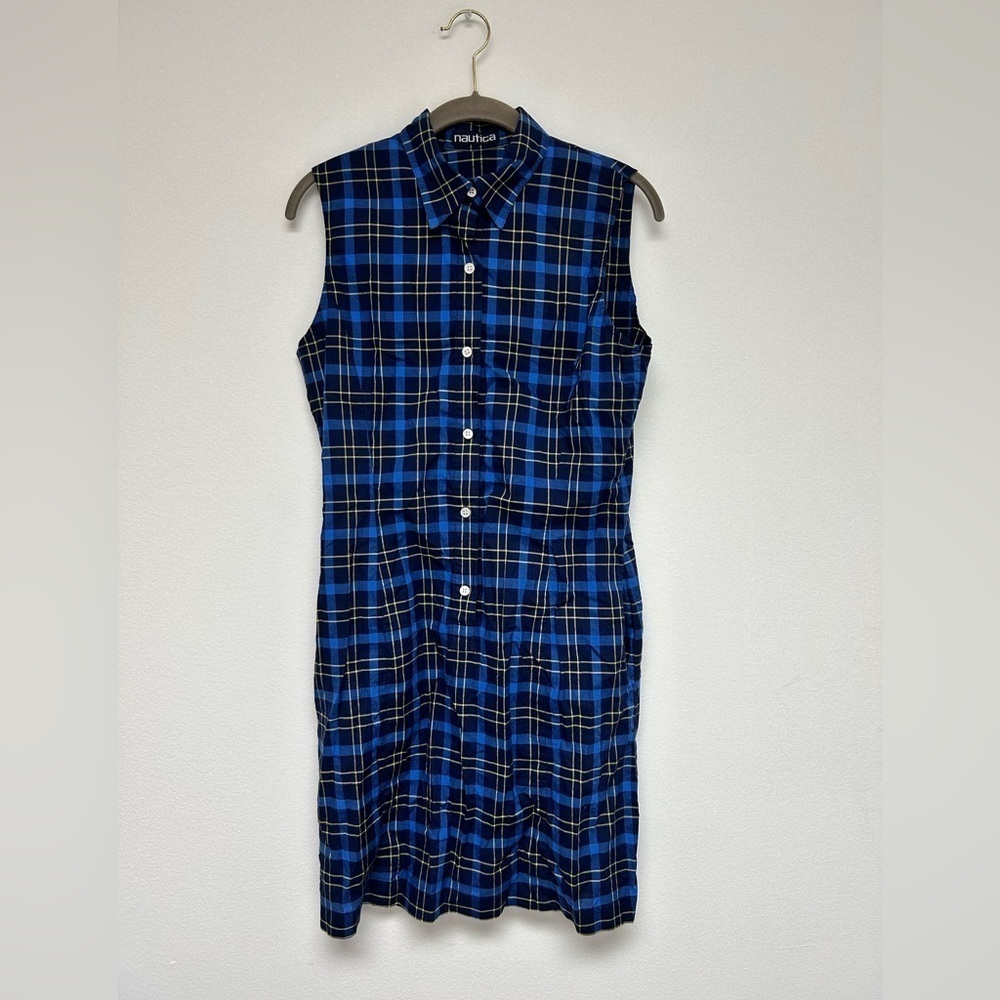 Nautica Blue Yellow Flannel Print Sleeveless Button Down Shirt Dress 10 NWOT - Picture 7 of 8